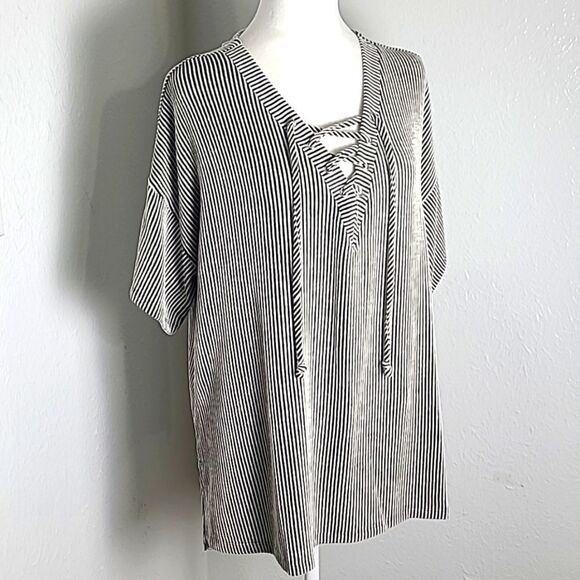 Cato Black & White Stripe Top with Lace-up Neckline, Size 14/16W - Picture 2 of 10